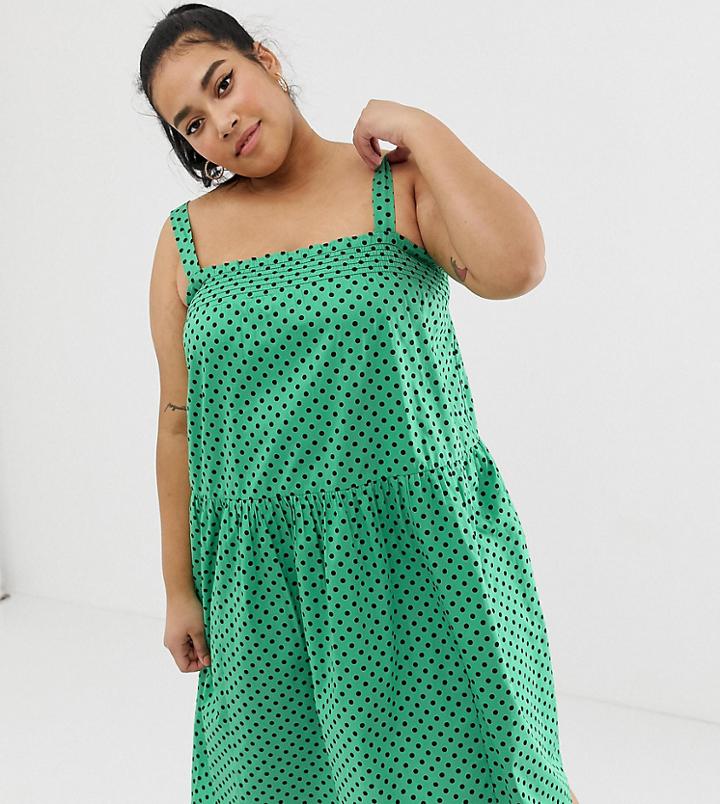 Asos Design Curve Shirred Trapeze Midi Cotton Sundress In Spot - Multi