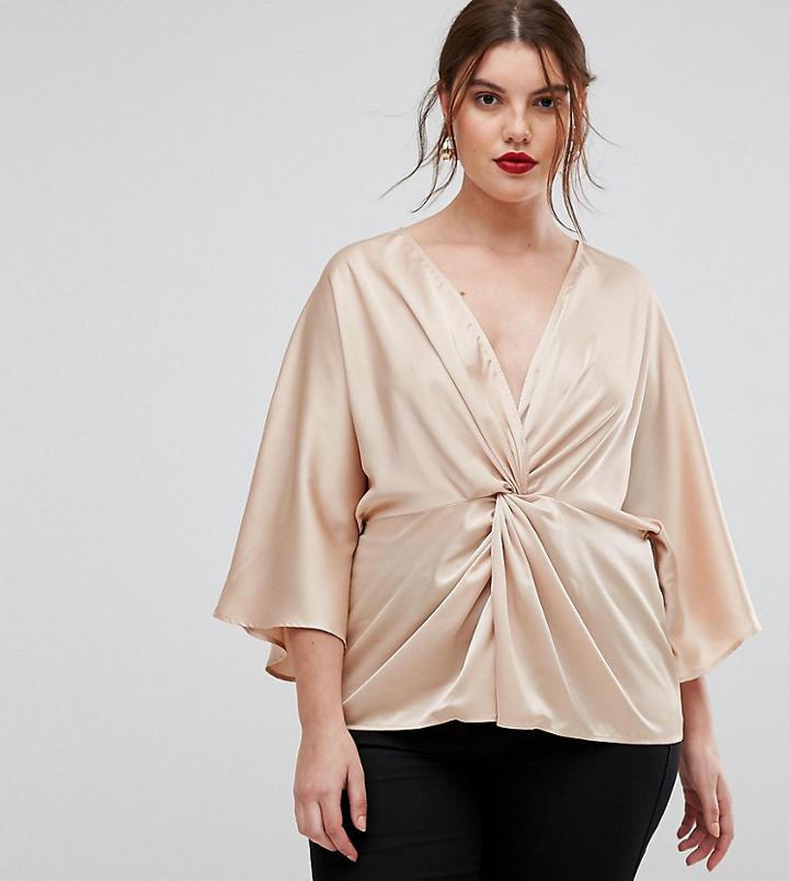 Asos Curve Twist Front Kimono Sleeve Top - Beige