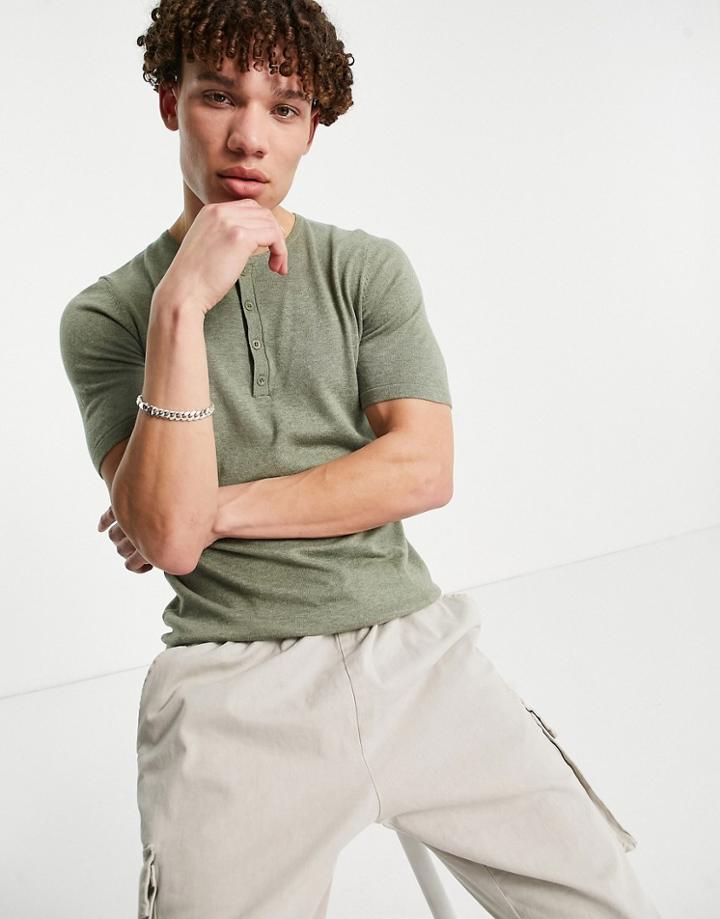 Asos Design Knitted Muscle Fit Grandad Neck T-shirt In Khaki-green