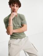 Asos Design Knitted Muscle Fit Grandad Neck T-shirt In Khaki-green
