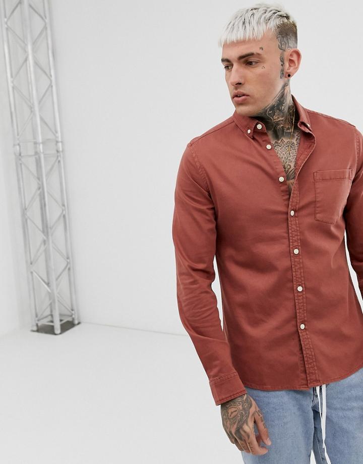 Asos Design Stretch Slim Fit Denim Shirt In Brown-orange