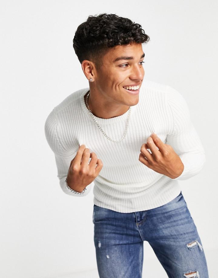 Asos Design Knit Muscle Fit Rib Roll Neck Sweater In White