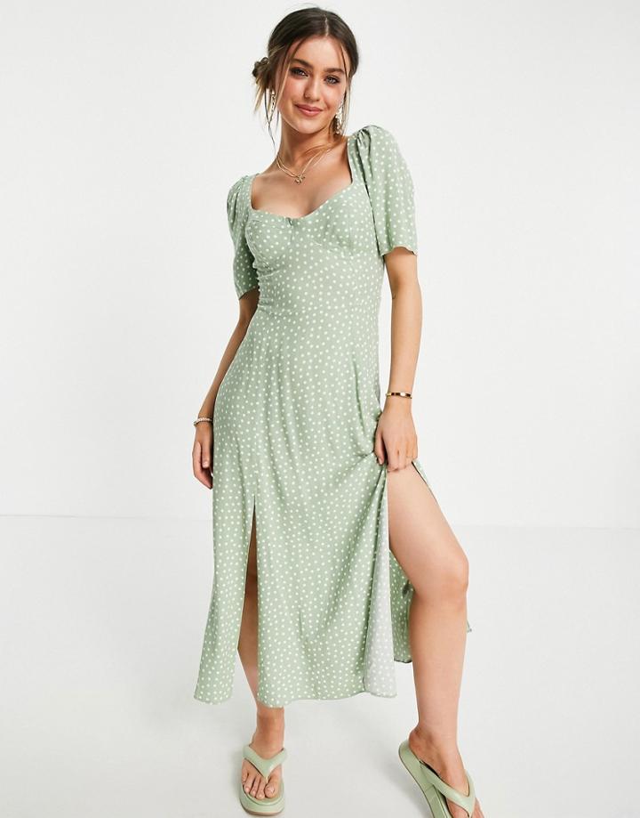 Asos Design Cupped Maxi Dress With Splits In Sage Green Spot Print-multi