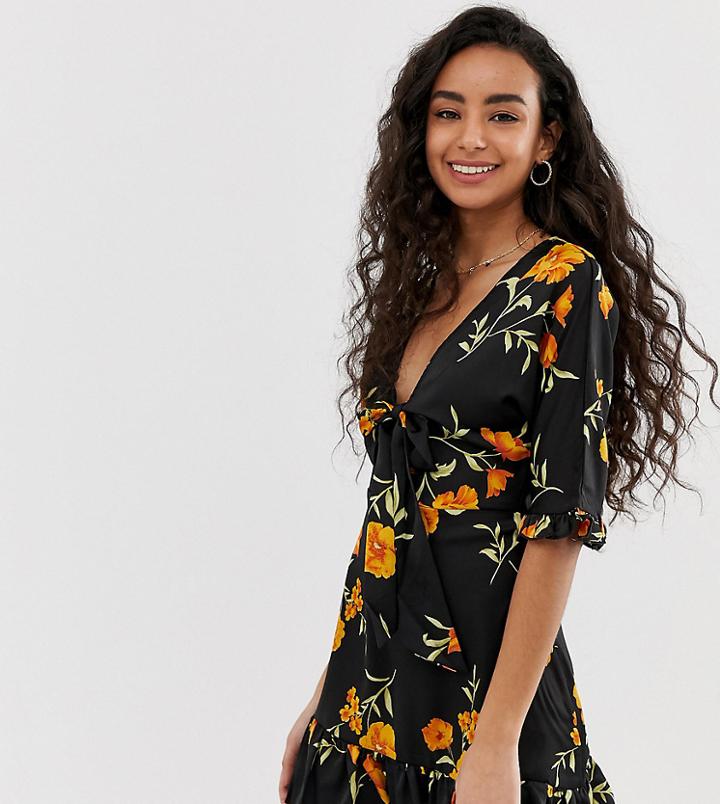 Parisian Petite Tea Dress With Tie Front In Black Floral