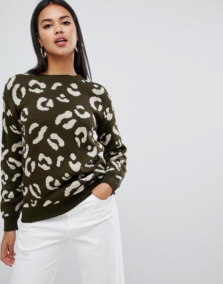 Boohoo Leopard Sweater In Khaki - Green