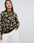 Boohoo Leopard Sweater In Khaki - Green