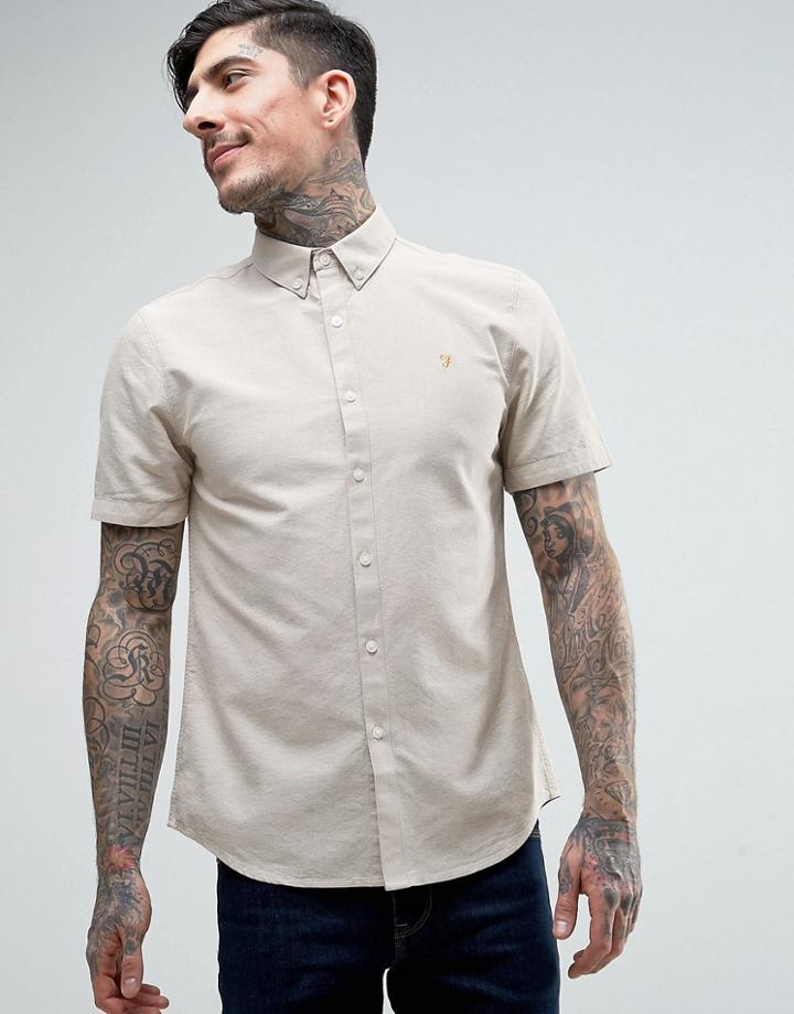 Farah Brewer Short Sleeve Shirt Oxford Slim Fit Buttondown In Beige - Beige