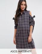 Asos Maternity Cold Shoulder Check Shirt Dress With Bow Detail - Multi
