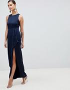 Asos Design Satin Maxi Dress With Asymmetric Layered Skirt-navy