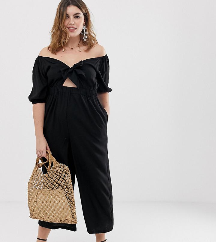 Asos Design Curve Tea Jumpsuit With Puff Sleeve And Tie Detail - Black
