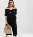 Asos Design Curve Tea Jumpsuit With Puff Sleeve And Tie Detail - Black