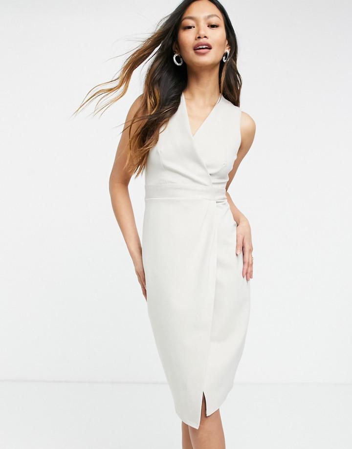 Closet London Gathered Wrap Midi Dress In Stone-neutral