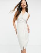 Closet London Gathered Wrap Midi Dress In Stone-neutral