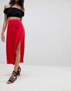 Asos Design Crinkle Midaxi Skirt With Buttons And Double Split - Red