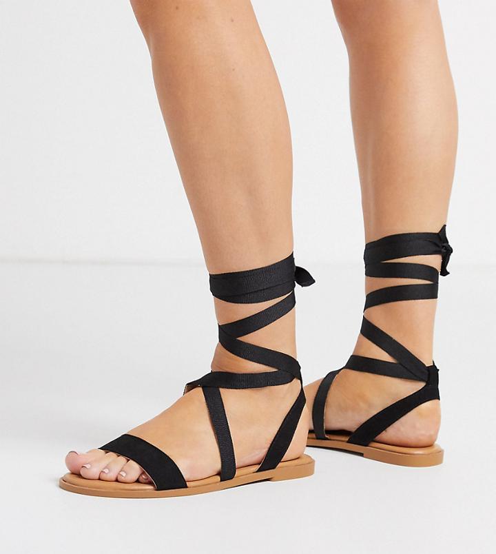 Asos Design Wide Fit Finland Tie Leg Flat Sandals In Black