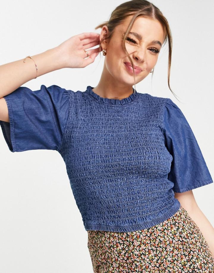 Jdy Shirred Denim Crop Top In Blue