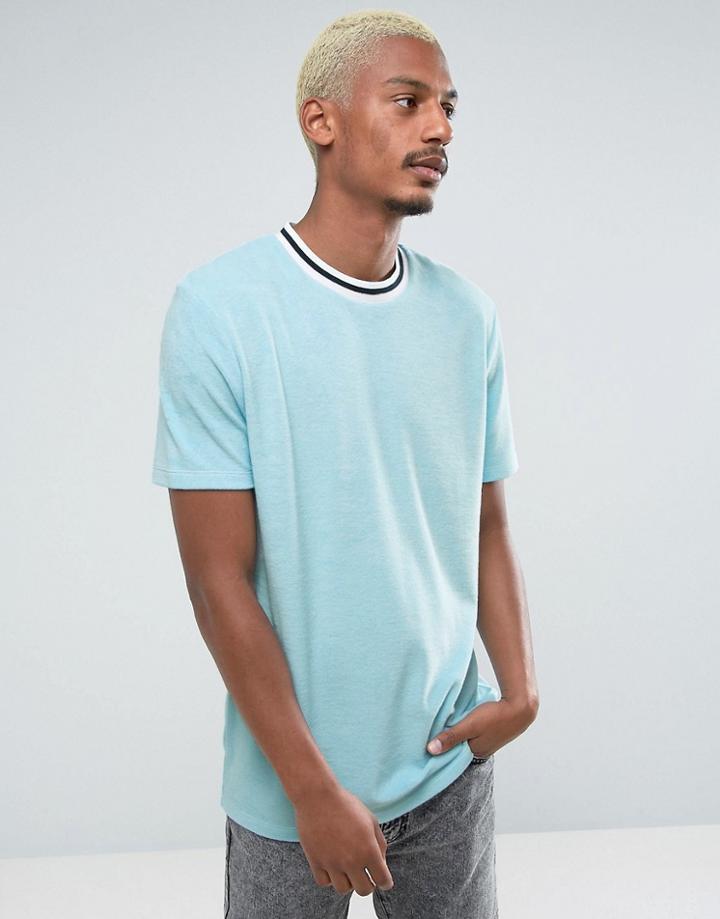 Asos Longline T-shirt In Towelling With Contrast Neck In Blue - Blue
