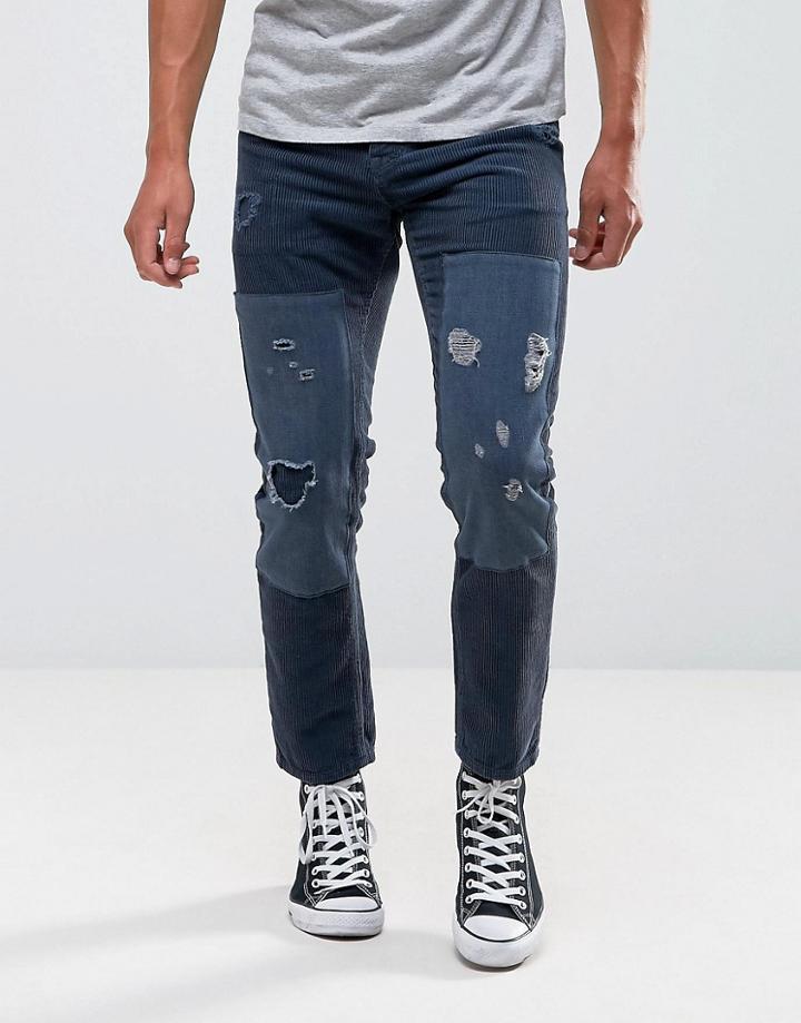 Asos Slim Jeans In Blue Cord With Rips And Patches - Blue