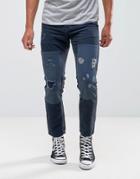 Asos Slim Jeans In Blue Cord With Rips And Patches - Blue