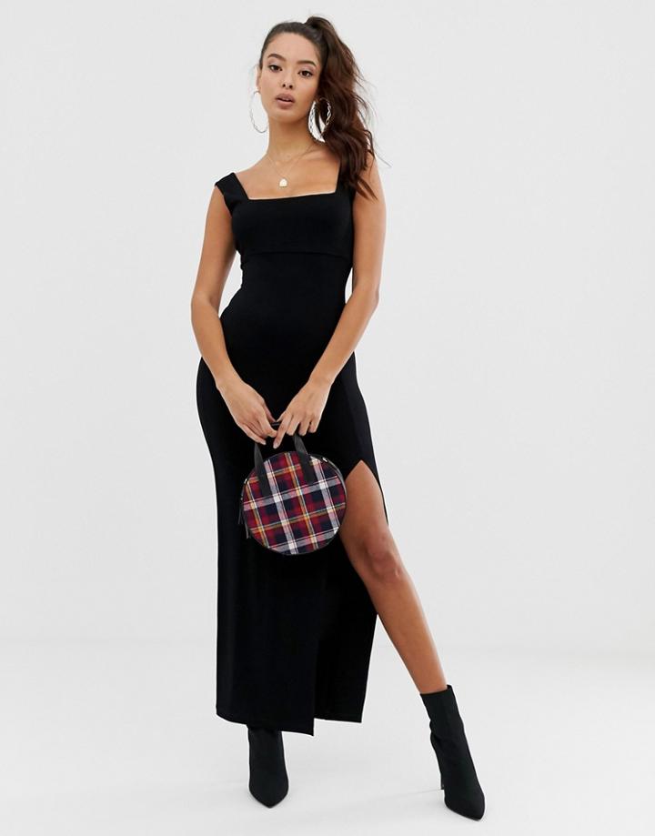 Asos Design Square Neck Mixed Fabric Maxi Dress With Split-black