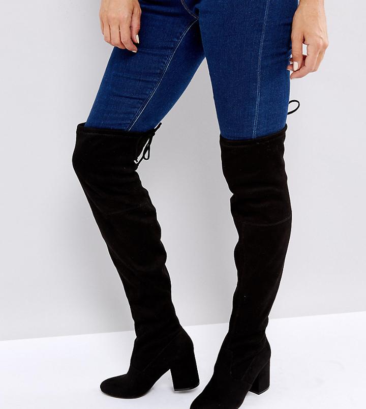 New Look Over The Knee Block Heeled Boot With Tie Back - Black
