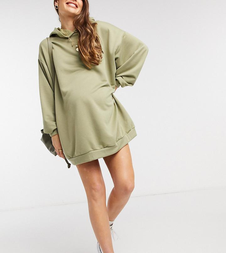 Asos Design Maternity Oversized Mini Sweatshirt Hoodie Dress In Dark Sage-green