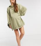 Asos Design Maternity Oversized Mini Sweatshirt Hoodie Dress In Dark Sage-green