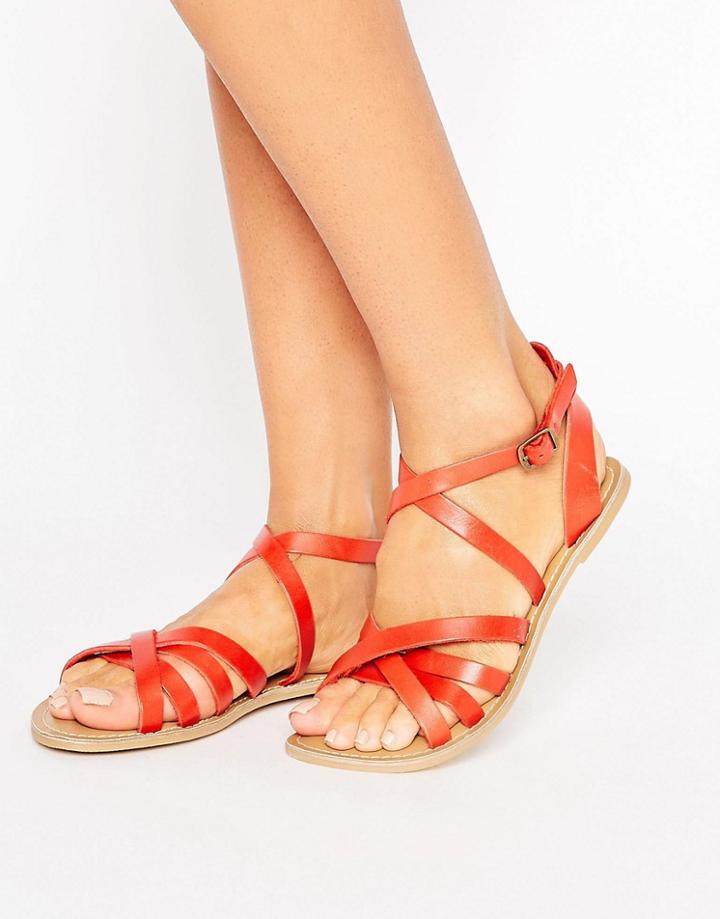 London Rebel Flat Leather Strap Sandal - Red