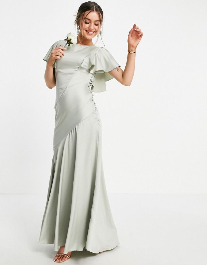 Asos Design Bridesmaid Flutter Sleeve Satin Maxi Dress With Button Side Detail-green