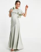 Asos Design Bridesmaid Flutter Sleeve Satin Maxi Dress With Button Side Detail-green