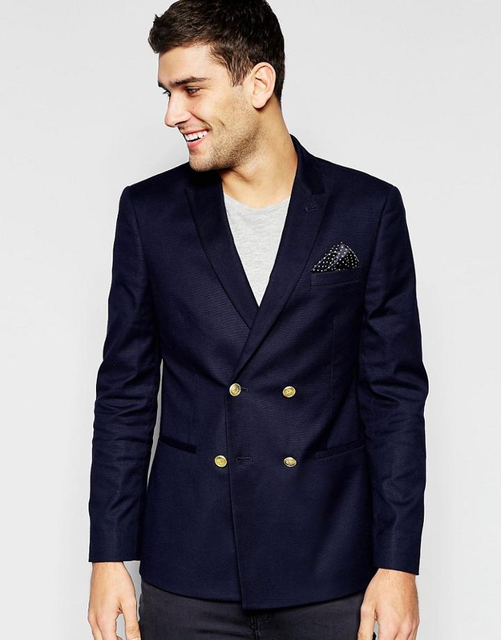 Asos Skinny Double Breasted Blazer In Navy With Gold Buttons - Navy