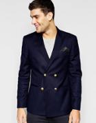 Asos Skinny Double Breasted Blazer In Navy With Gold Buttons - Navy