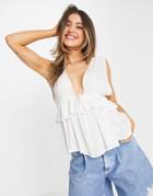 Asos Design Deep V Sun Top With Peplum Hem And Tie Waist In Ivory-white