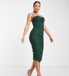 Asos Design Tall Cami Ruched Pearl Mesh Body-conscious Midi Dress In Forest Green-multi