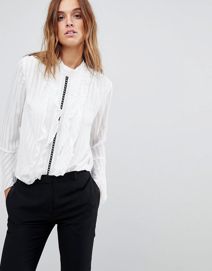 Religion Sheer High Neck Shirt With Hardware Trim - White