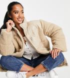 Asos Design Petite Leather Look Patched Fleece Puffer Jacket In Beige-pink