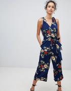 Qed London Tie Shoulder Culotte Jumpsuit In Ditsy Print - Navy