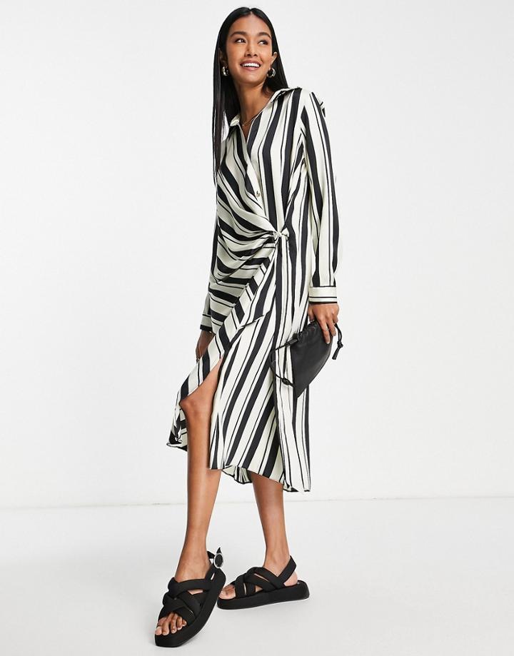 River Island Wrap Stripe Shirt Midi Dress In Black