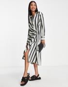 River Island Wrap Stripe Shirt Midi Dress In Black