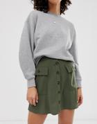 Asos Design Button Front Mini Skirt With Pockets-green
