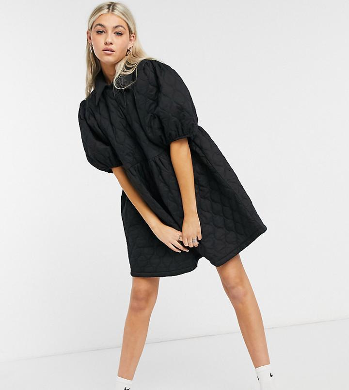 Collusion Quilted Smock Mini Dress With Collar In Black