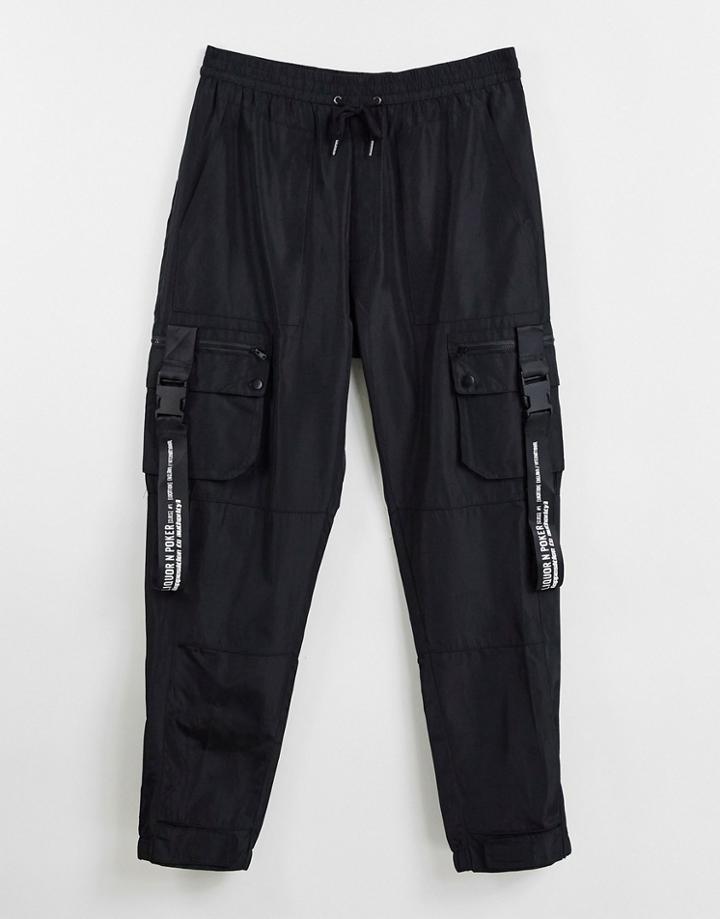 Liquor N Poker Nylon Cargo Pants In Black With Utility Pockets-grey