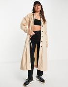Aligne Organic Cotton Trench Coat With Ruched Shoulder Detail In Stone-neutral