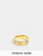 Asos Design Sterling Silver Band Ring With Brushed And Shiny Design In 14k Gold Plate