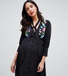 Asos Design Maternity Embroidered Button Through Mini Tea Dress - Black