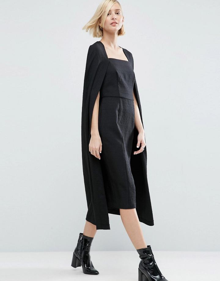 Asos White Textured Cape Detail Midi Dress - Black