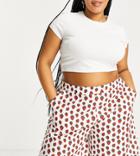 Native Youth Plus High Waisted Shorts With Scalloped Hem In Strawberry Print Set-white