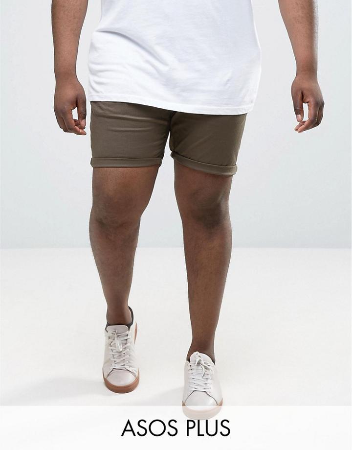 Asos Plus Slim Chino Shorts In Khaki - Green