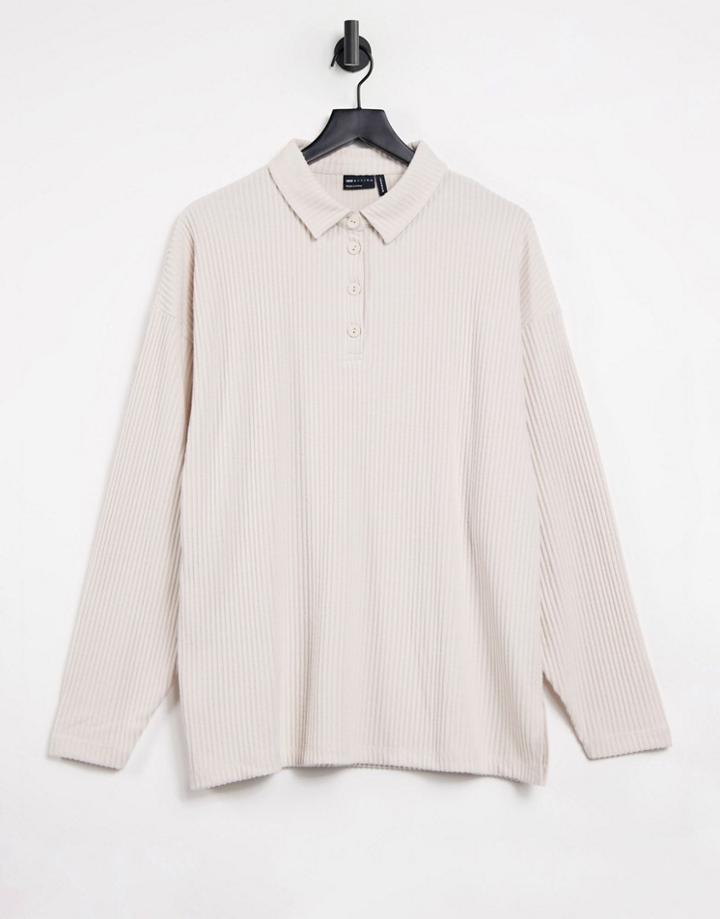 Asos Design Oversized Ribbed Polo With Buttons In Bone-white