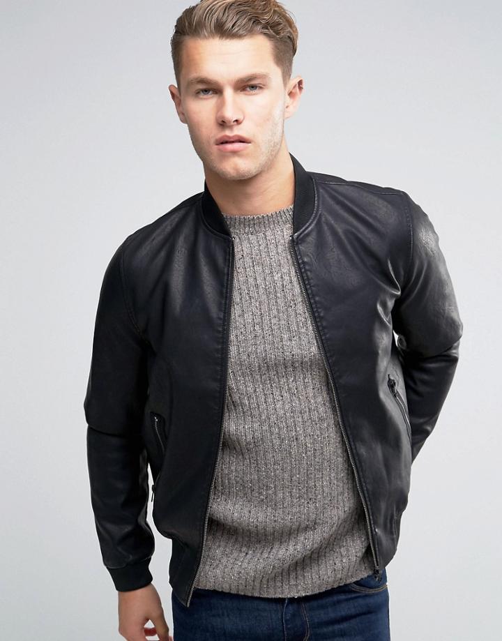 New Look Faux Leather Bomber Jacket In Black - Black